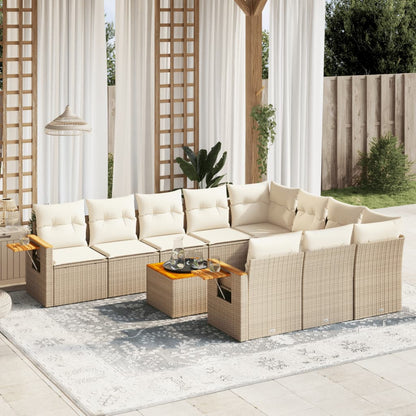 11-tlg. Garten-Sofagarnitur mit Kissen Beige Poly Rattan