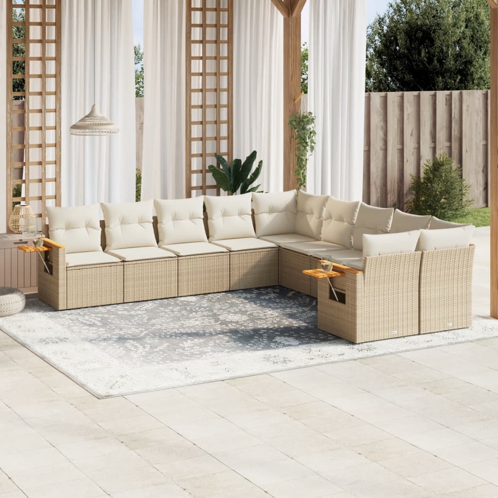 10-tlg. Garten-Sofagarnitur mit Kissen Beige Poly Rattan