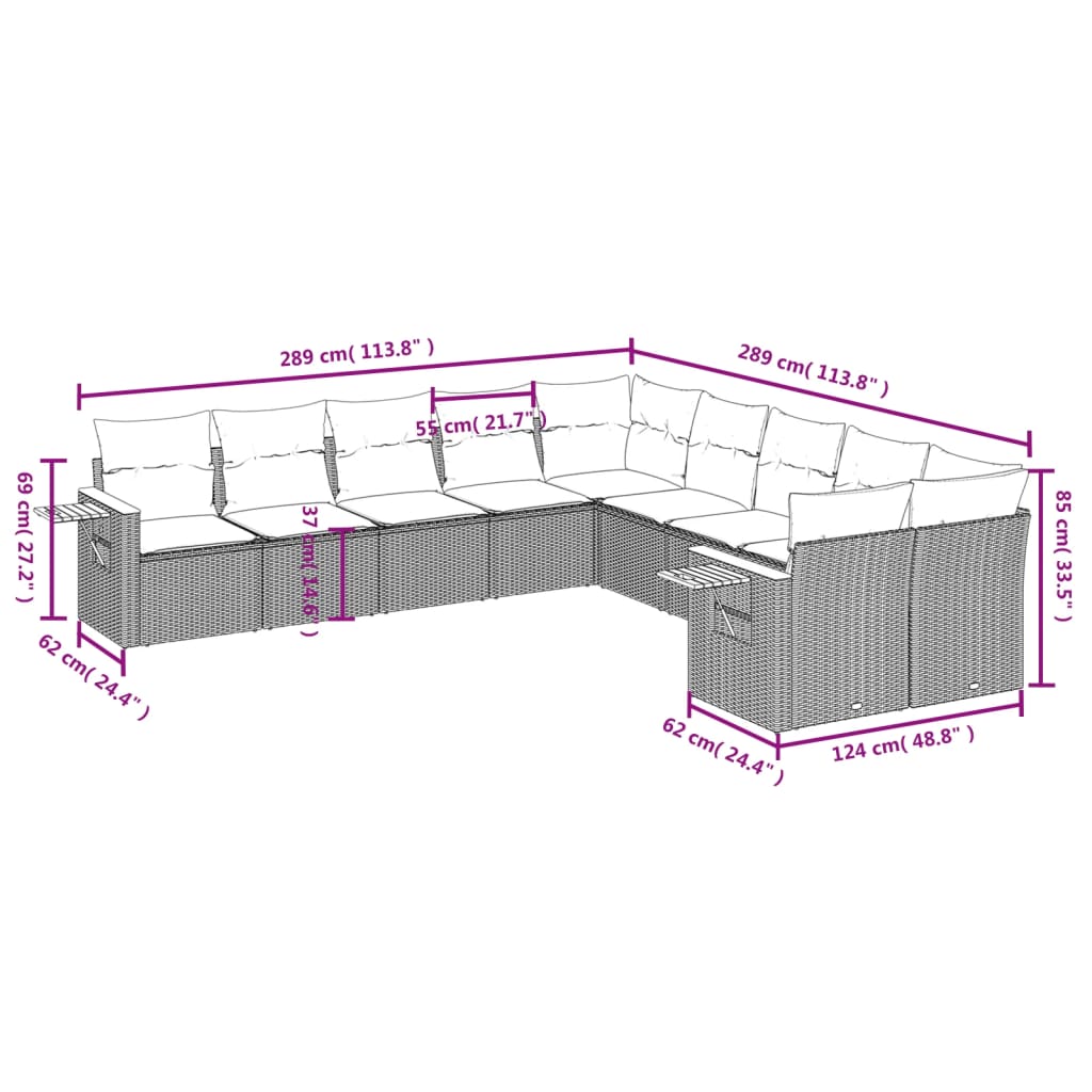 10-tlg. Garten-Sofagarnitur mit Kissen Grau Poly Rattan