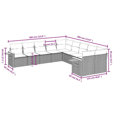 10-tlg. Garten-Sofagarnitur mit Kissen Grau Poly Rattan