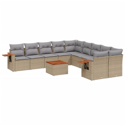 11-tlg. Garten-Sofagarnitur mit Kissen Beige Poly Rattan