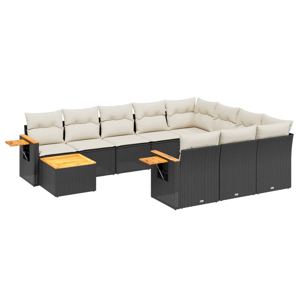 11-tlg. Garten-Sofagarnitur mit Kissen Schwarz Poly Rattan