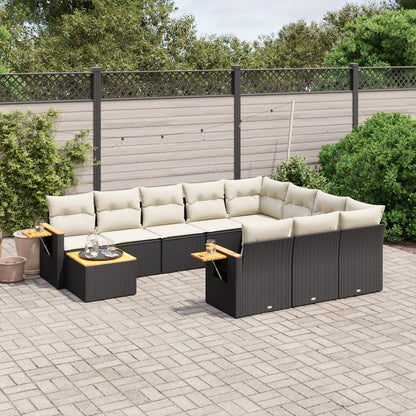 11-tlg. Garten-Sofagarnitur mit Kissen Schwarz Poly Rattan