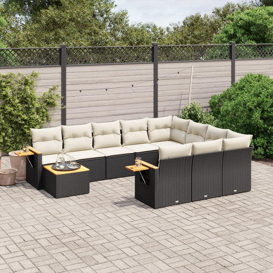 11-tlg. Garten-Sofagarnitur mit Kissen Schwarz Poly Rattan