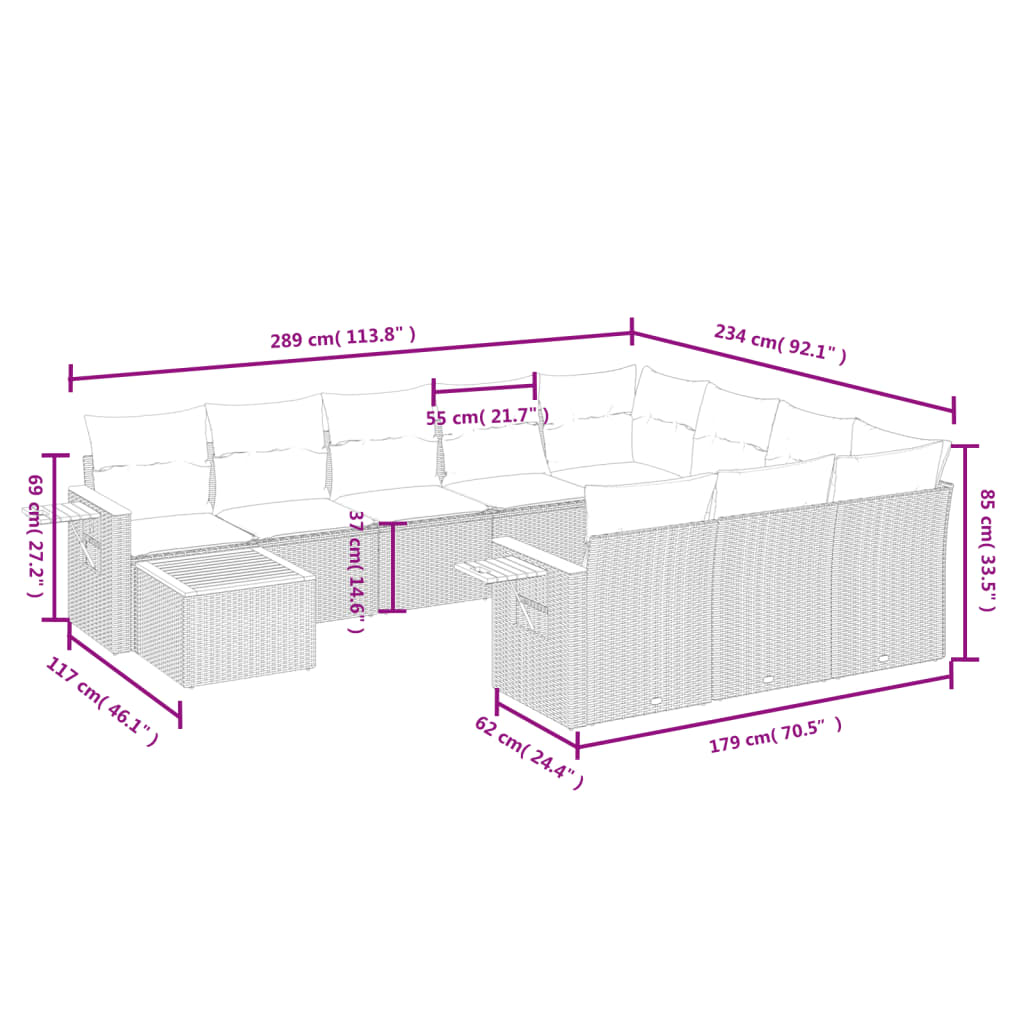 11-tlg. Garten-Sofagarnitur mit Kissen Beige Poly Rattan