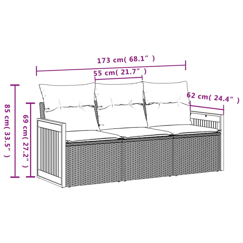 3-tlg. Garten-Sofagarnitur mit Kissen Schwarz Poly Rattan