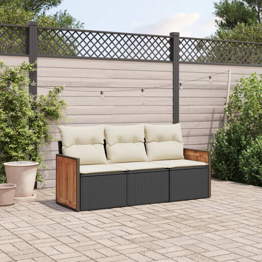 3-tlg. Garten-Sofagarnitur mit Kissen Schwarz Poly Rattan