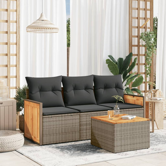 4-tlg. Garten-Sofagarnitur mit Kissen Grau Poly Rattan