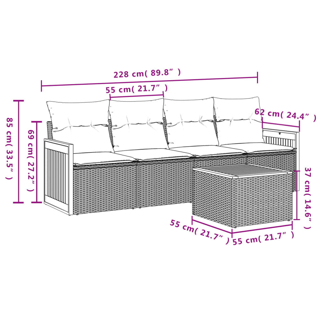 5-tlg. Garten-Sofagarnitur mit Kissen Schwarz Poly Rattan