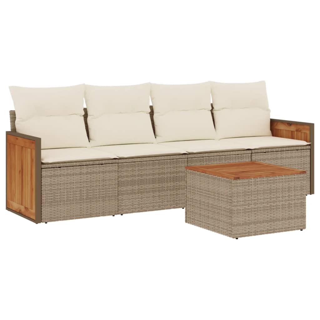 5-tlg. Garten-Sofagarnitur mit Kissen Beige Poly Rattan