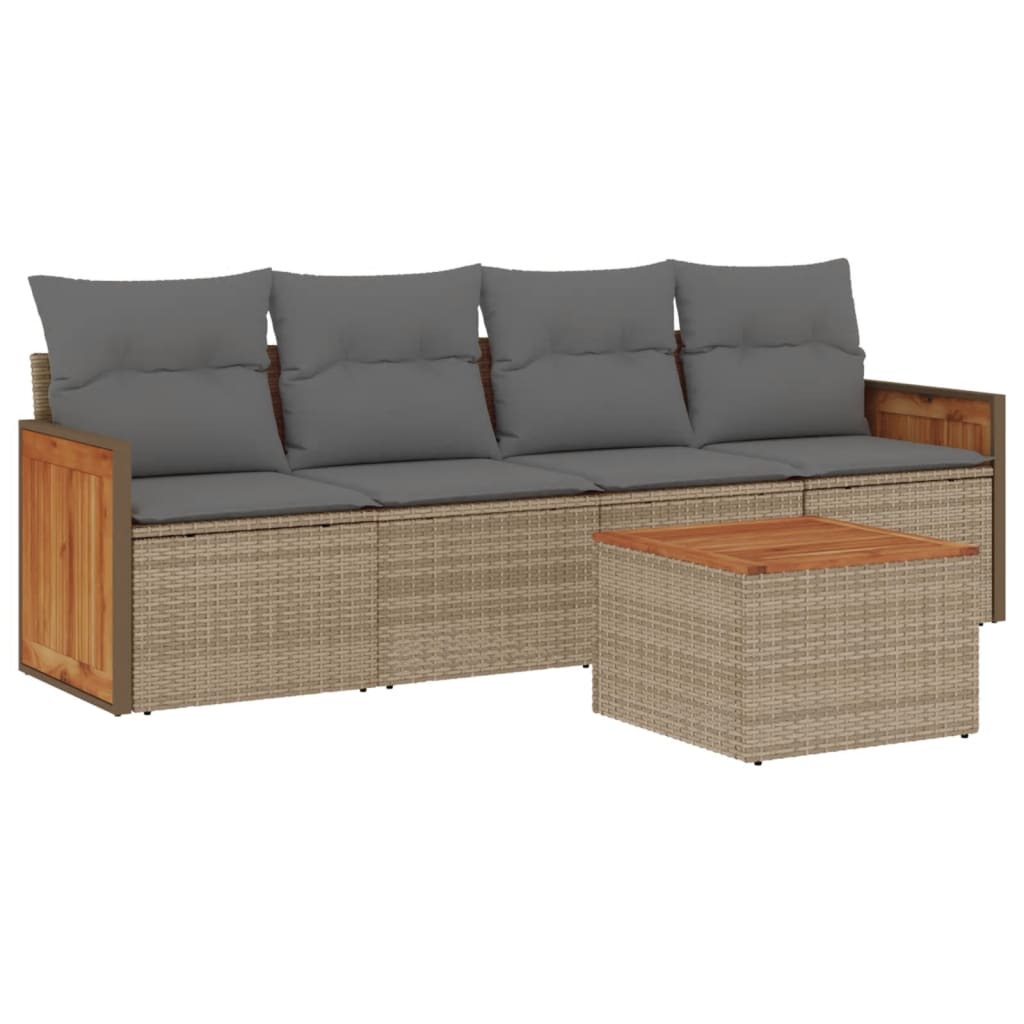 5-tlg. Garten-Sofagarnitur mit Kissen Beige Poly Rattan