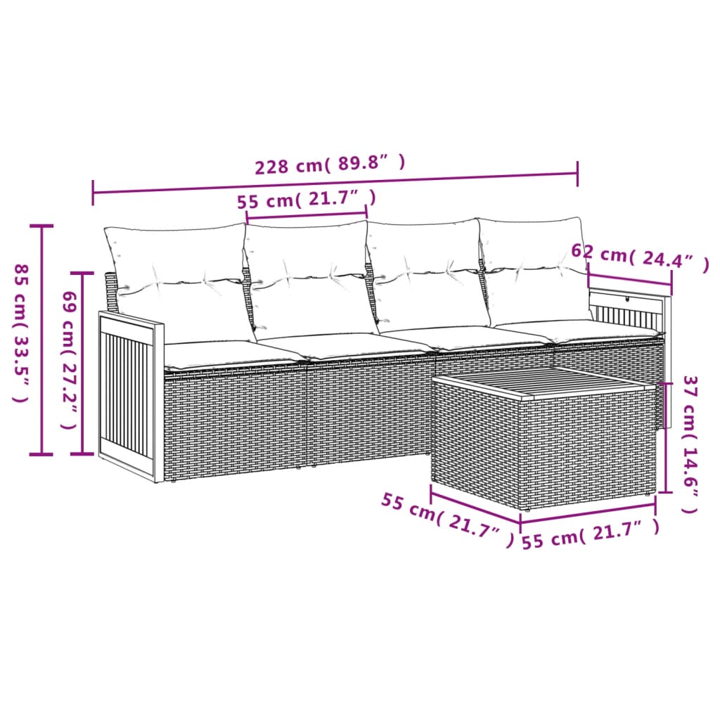 5-tlg. Garten-Sofagarnitur mit Kissen Grau Poly Rattan