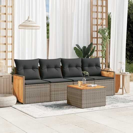 5-tlg. Garten-Sofagarnitur mit Kissen Grau Poly Rattan