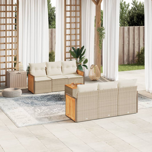 7-tlg. Garten-Sofagarnitur mit Kissen Beige Poly Rattan