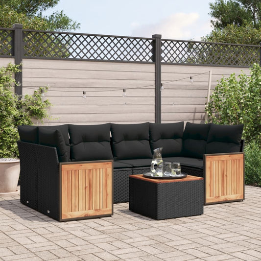 7-tlg. Garten-Sofagarnitur mit Kissen Schwarz Poly Rattan