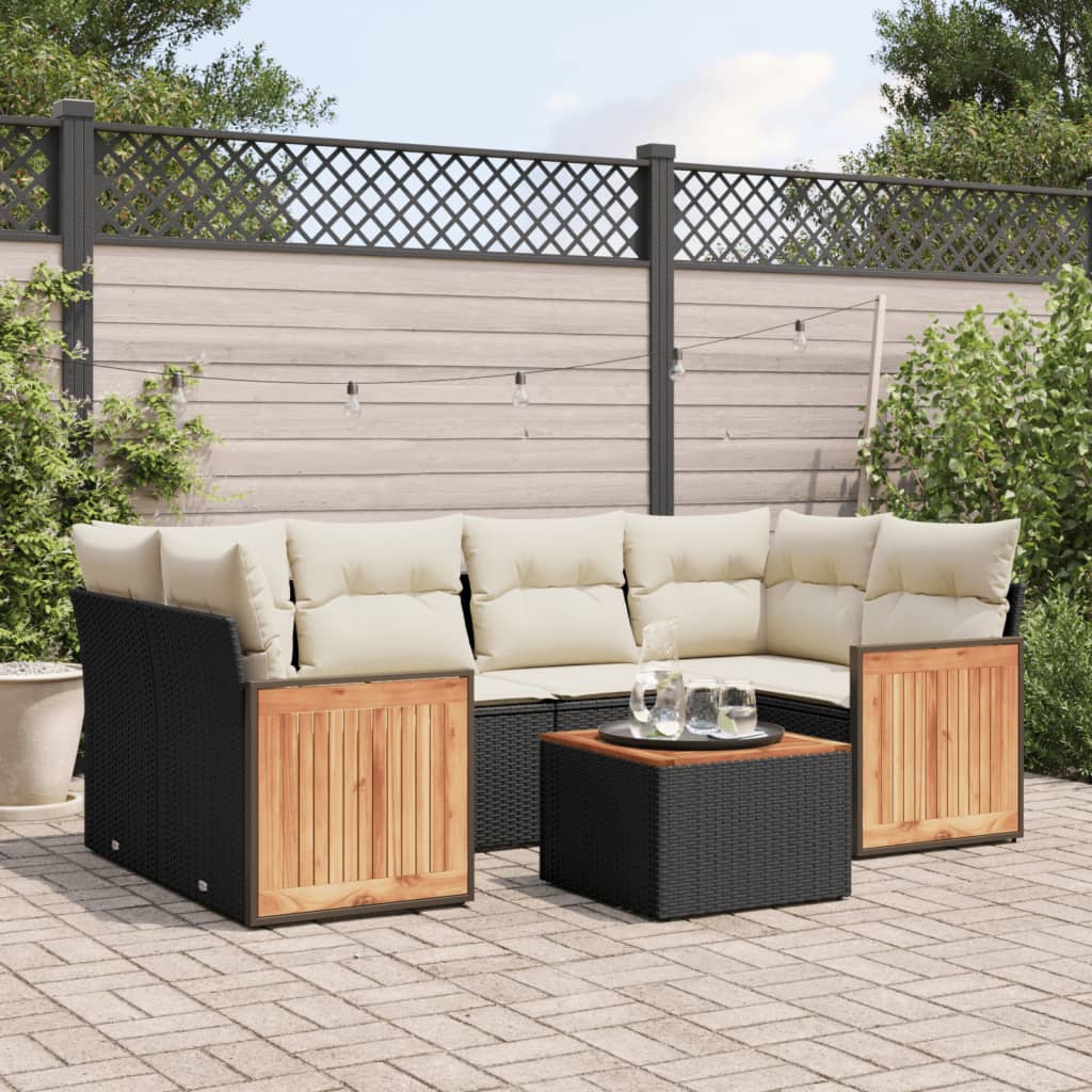 7-tlg. Garten-Sofagarnitur mit Kissen Schwarz Poly Rattan