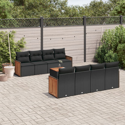 9-tlg. Garten-Sofagarnitur mit Kissen Schwarz Poly Rattan