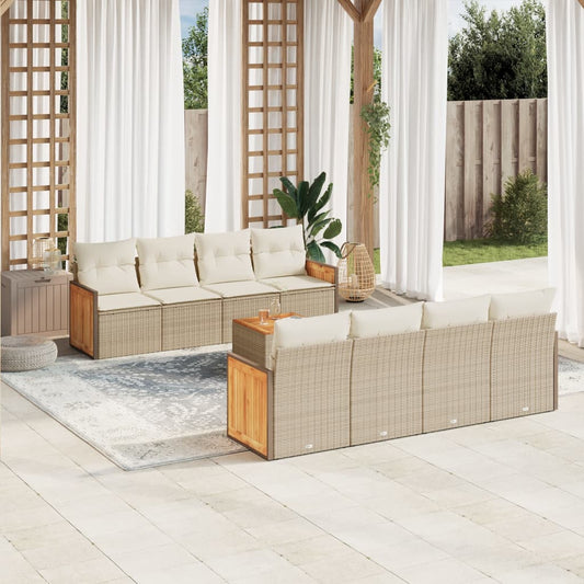 9-tlg. Garten-Sofagarnitur mit Kissen Beige Poly Rattan