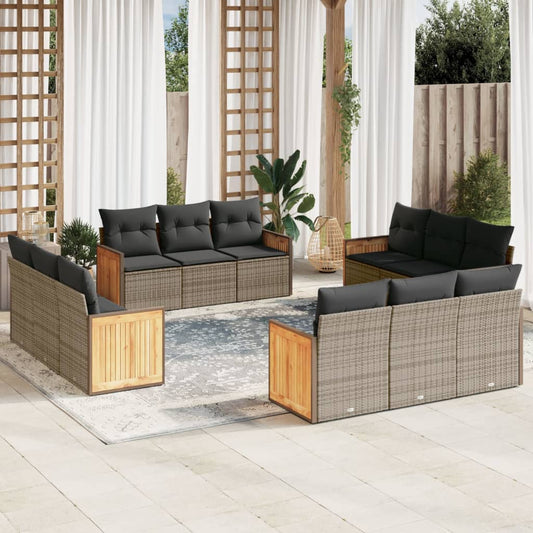 12-tlg. Garten-Sofagarnitur mit Kissen Grau Poly Rattan