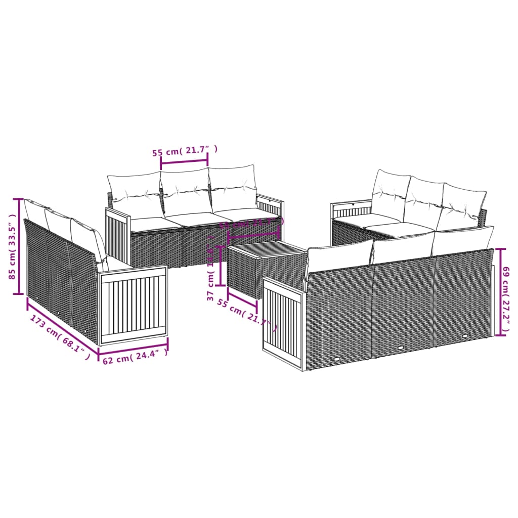 13-tlg. Garten-Sofagarnitur mit Kissen Beige Poly Rattan