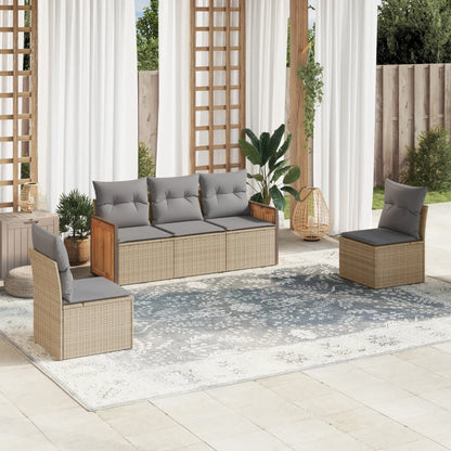 5-tlg. Garten-Sofagarnitur mit Kissen Beige Poly Rattan