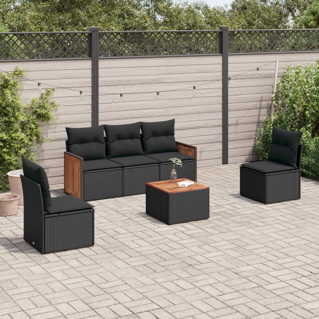 6-tlg. Garten-Sofagarnitur mit Kissen Schwarz Poly Rattan