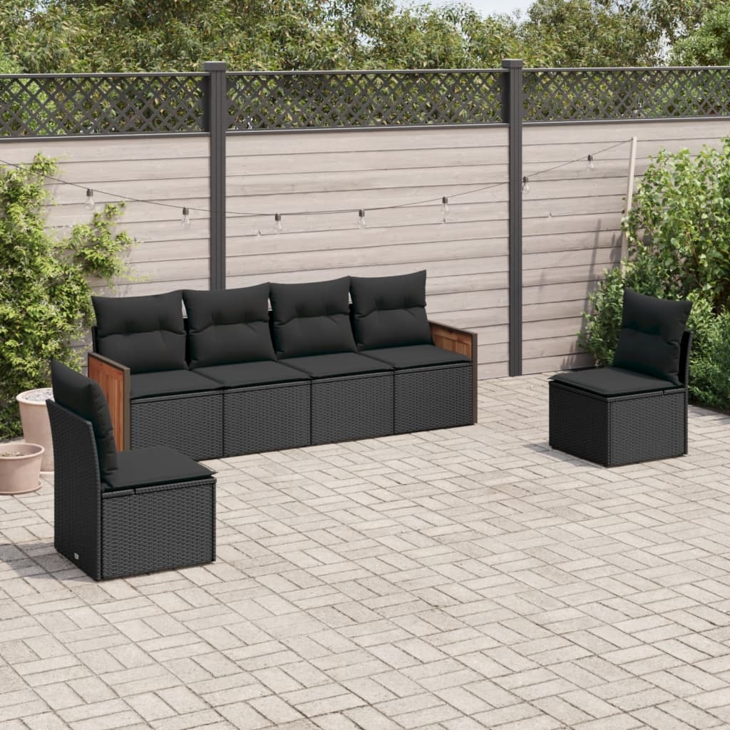 6-tlg. Garten-Sofagarnitur mit Kissen Schwarz Poly Rattan