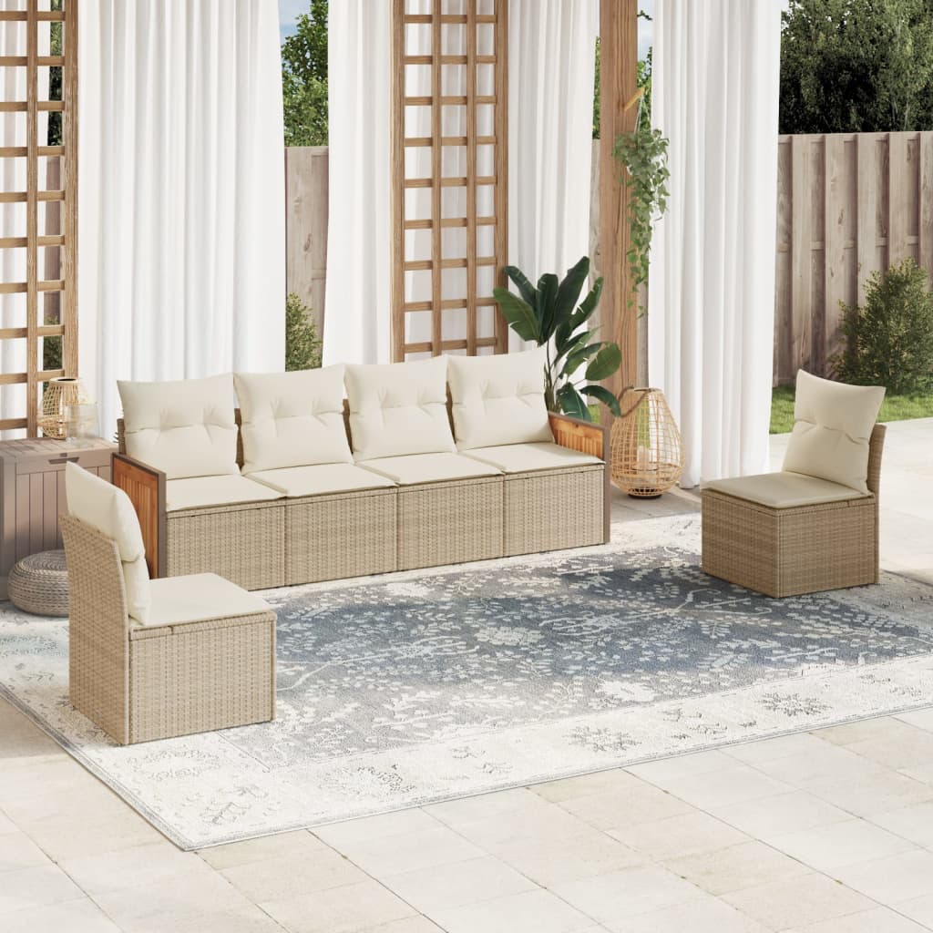 6-tlg. Garten-Sofagarnitur mit Kissen Beige Poly Rattan