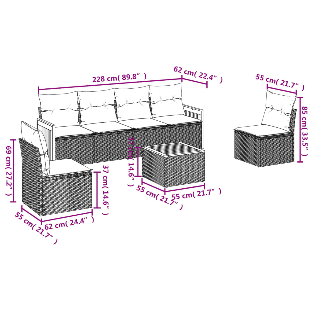 7-tlg. Garten-Sofagarnitur mit Kissen Beige Poly Rattan