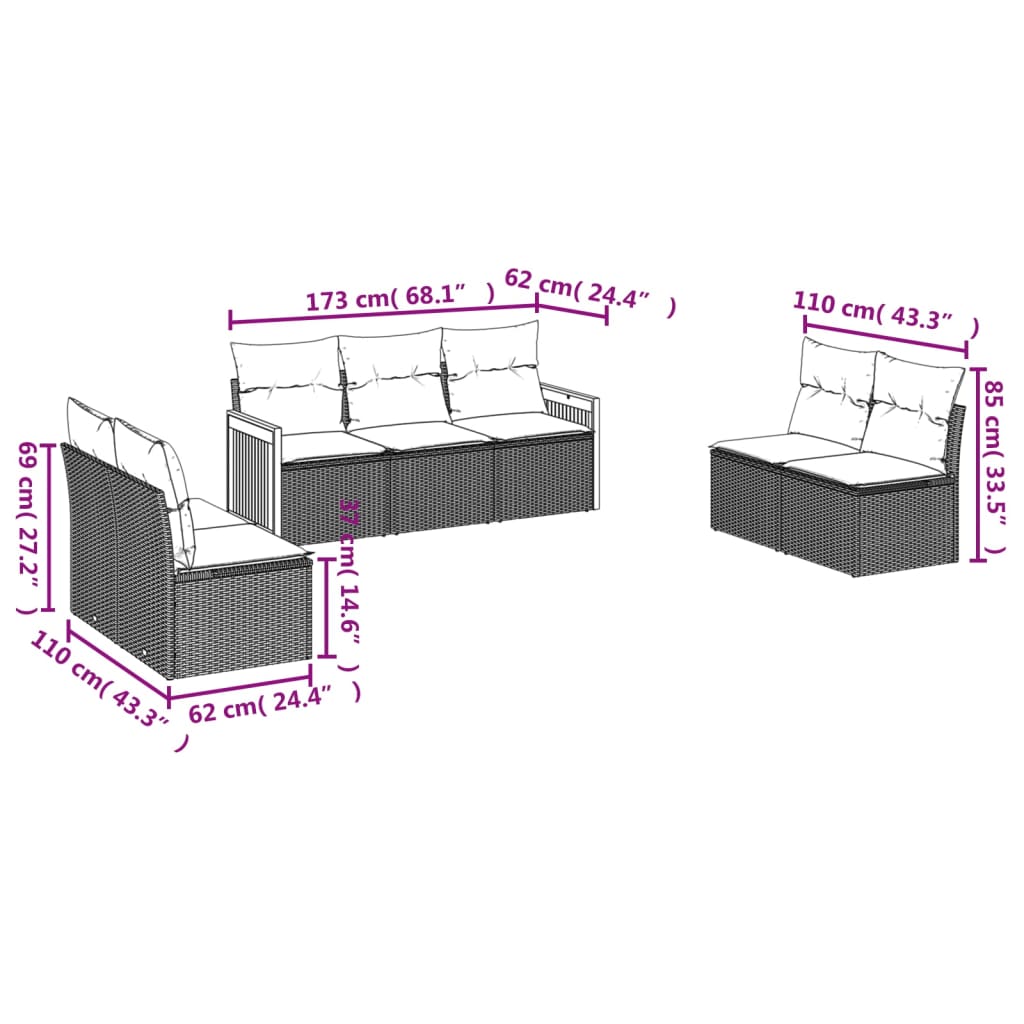 7-tlg. Garten-Sofagarnitur mit Kissen Schwarz Poly Rattan