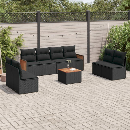 9-tlg. Garten-Sofagarnitur mit Kissen Schwarz Poly Rattan