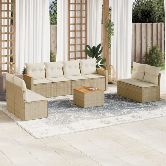 9-tlg. Garten-Sofagarnitur mit Kissen Beige Poly Rattan