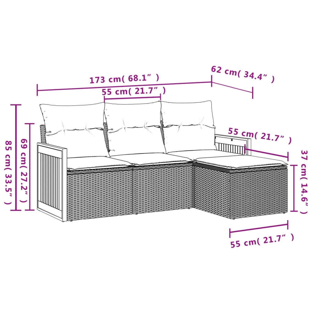 4-tlg. Garten-Sofagarnitur mit Kissen Schwarz Poly Rattan