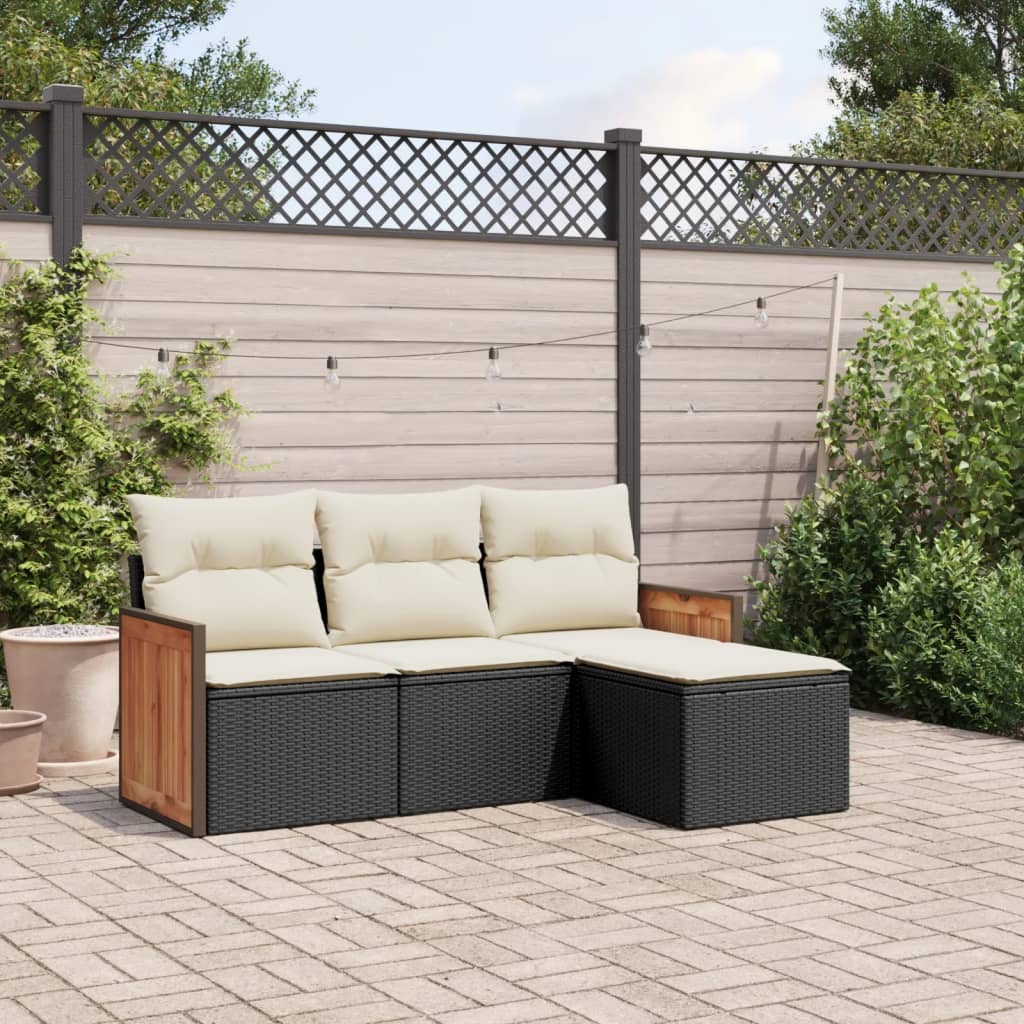 4-tlg. Garten-Sofagarnitur mit Kissen Schwarz Poly Rattan