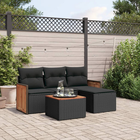 5-tlg. Garten-Sofagarnitur mit Kissen Schwarz Poly Rattan