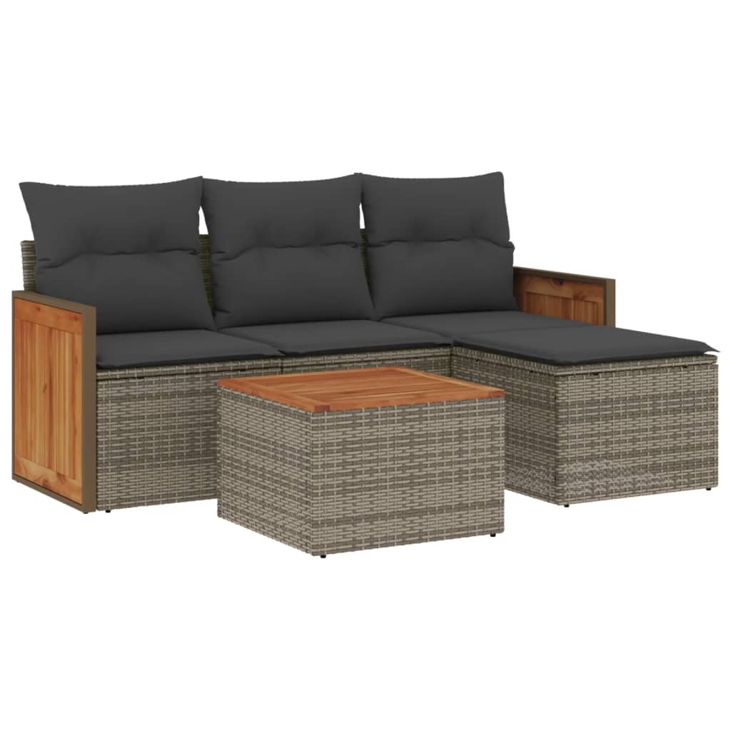 5-tlg. Garten-Sofagarnitur mit Kissen Grau Poly Rattan