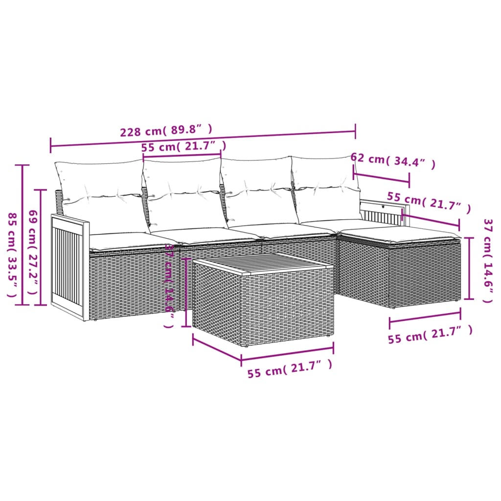 6-tlg. Garten-Sofagarnitur mit Kissen Schwarz Poly Rattan