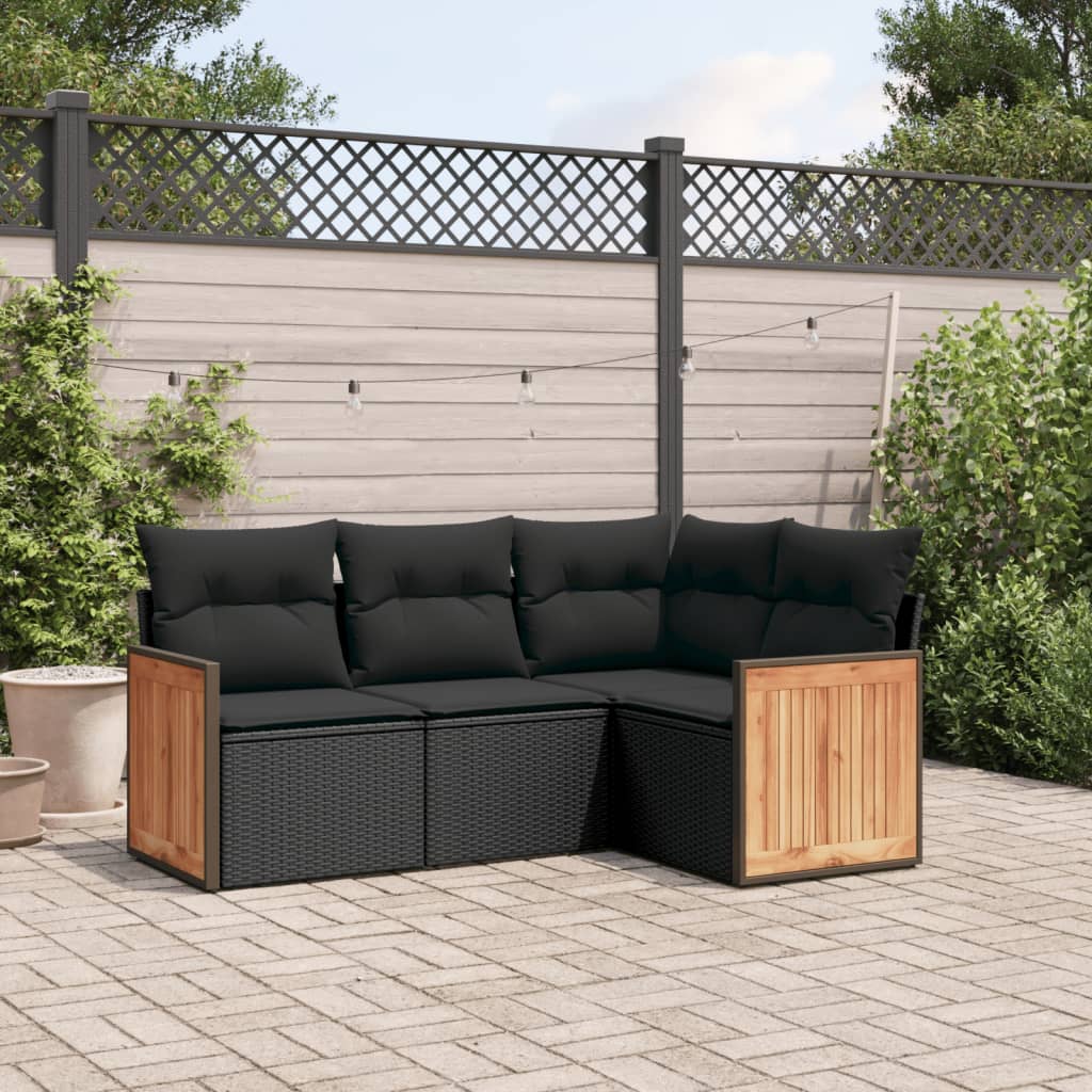 4-tlg. Garten-Sofagarnitur mit Kissen Schwarz Poly Rattan