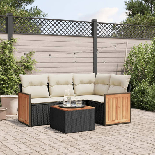 5-tlg. Garten-Sofagarnitur mit Kissen Schwarz Poly Rattan