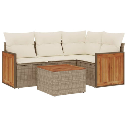 5-tlg. Garten-Sofagarnitur mit Kissen Beige Poly Rattan