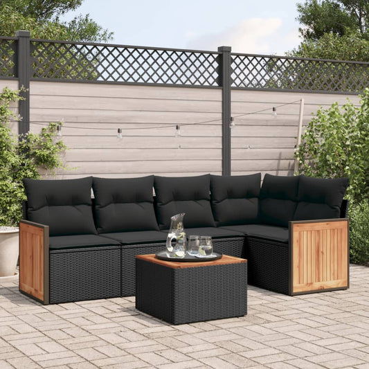 6-tlg. Garten-Sofagarnitur mit Kissen Schwarz Poly Rattan