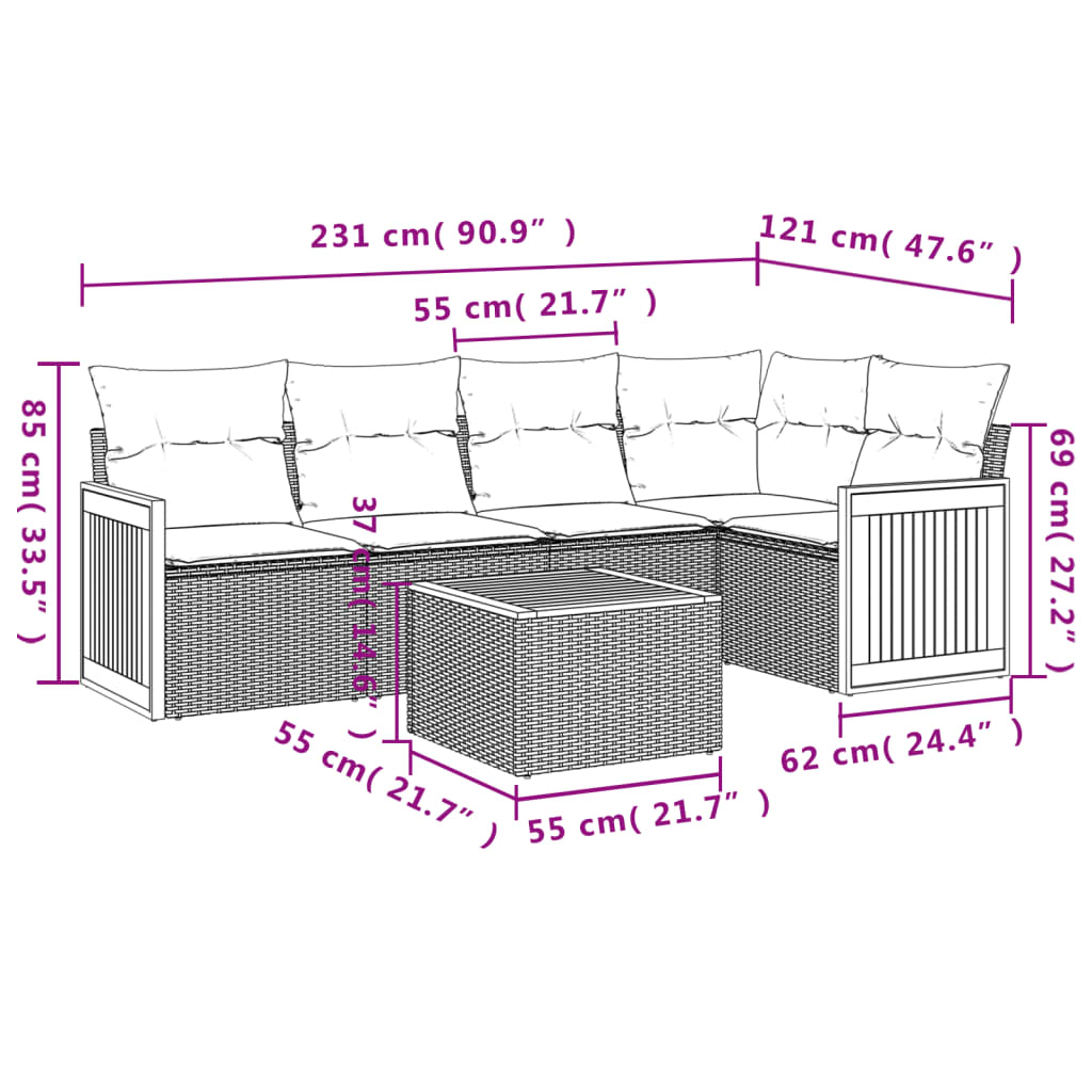 6-tlg. Garten-Sofagarnitur mit Kissen Beige Poly Rattan