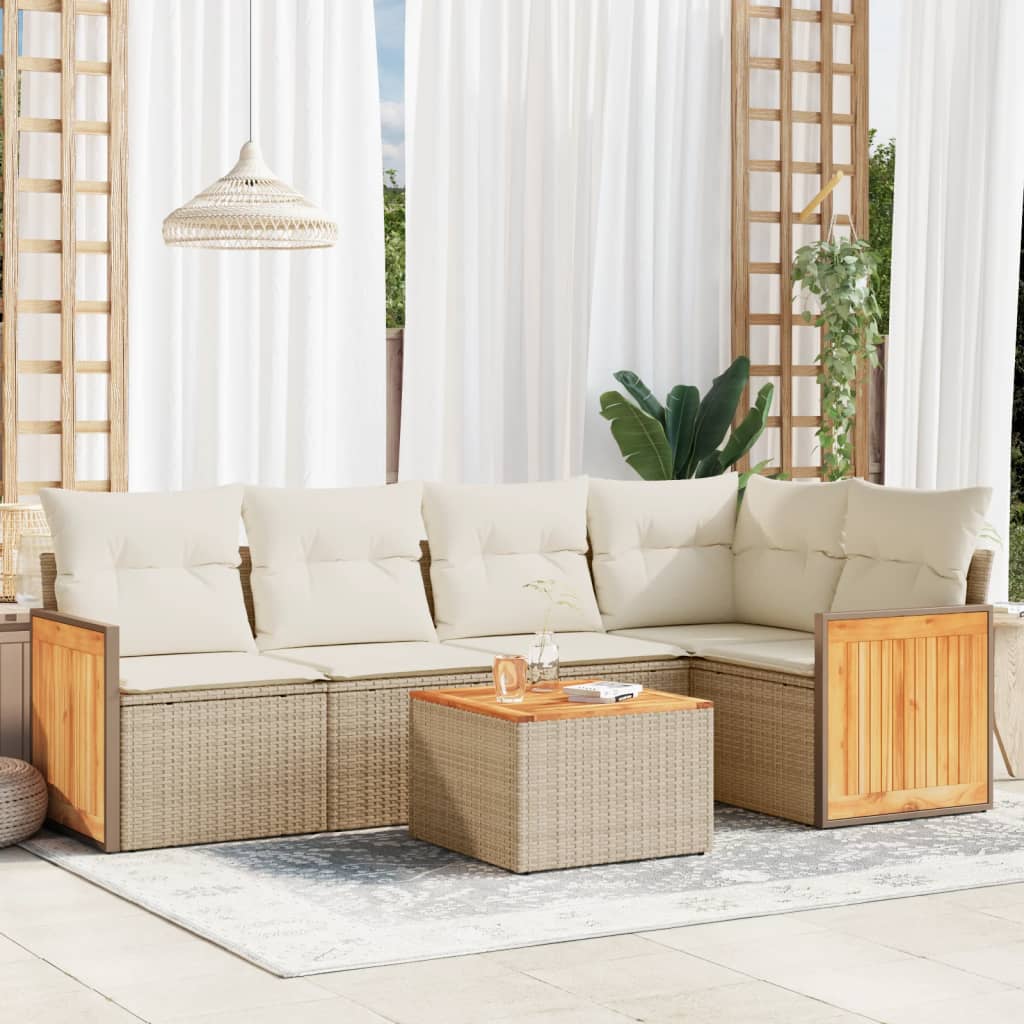 6-tlg. Garten-Sofagarnitur mit Kissen Beige Poly Rattan