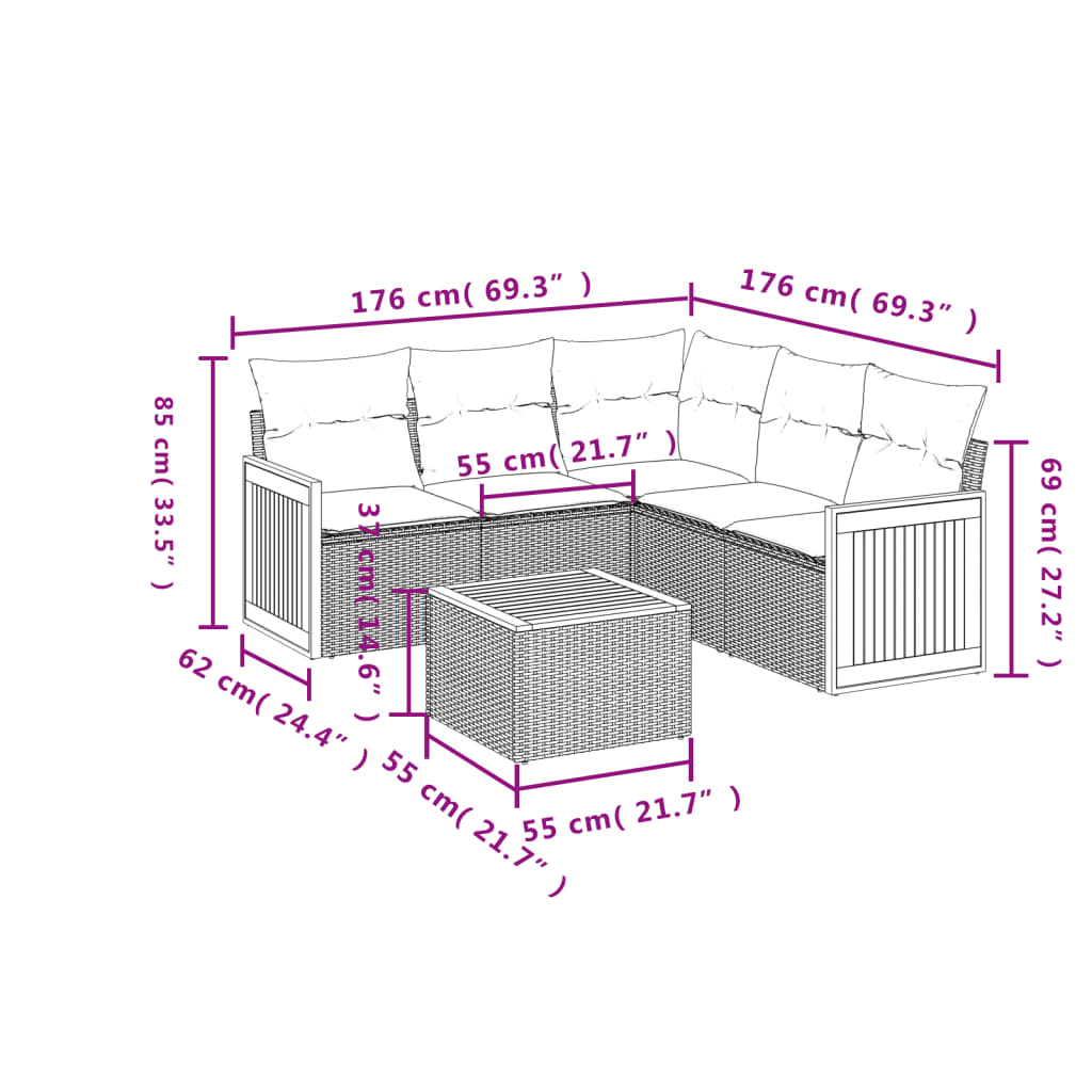 6-tlg. Garten-Sofagarnitur mit Kissen Schwarz Poly Rattan