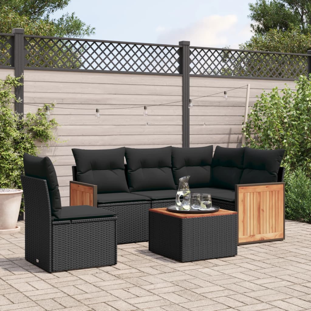 6-tlg. Garten-Sofagarnitur mit Kissen Schwarz Poly Rattan