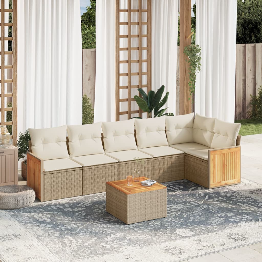 7-tlg. Garten-Sofagarnitur mit Kissen Beige Poly Rattan