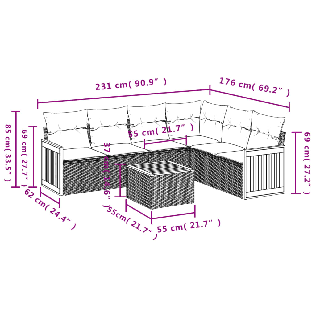 7-tlg. Garten-Sofagarnitur mit Kissen Schwarz Poly Rattan