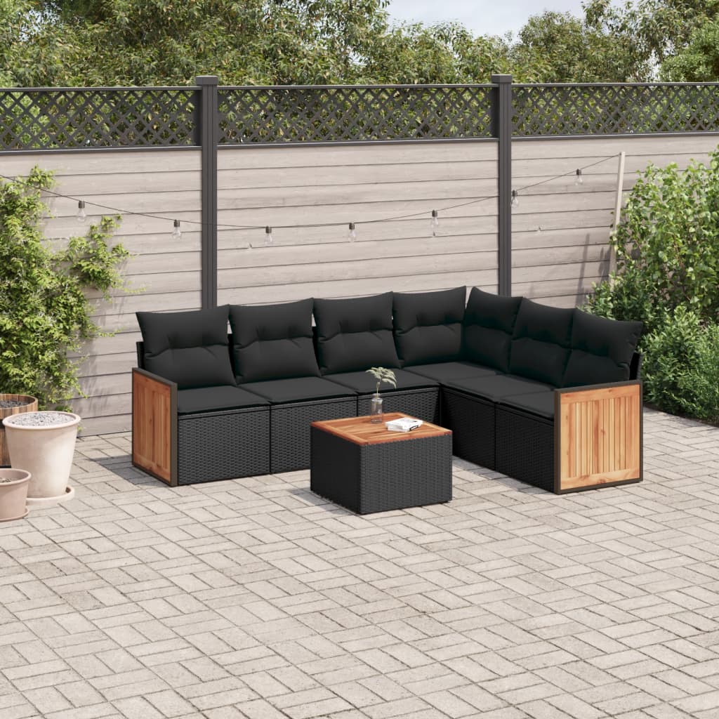 7-tlg. Garten-Sofagarnitur mit Kissen Schwarz Poly Rattan