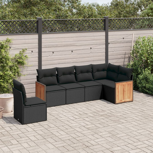 6-tlg. Garten-Sofagarnitur mit Kissen Schwarz Poly Rattan