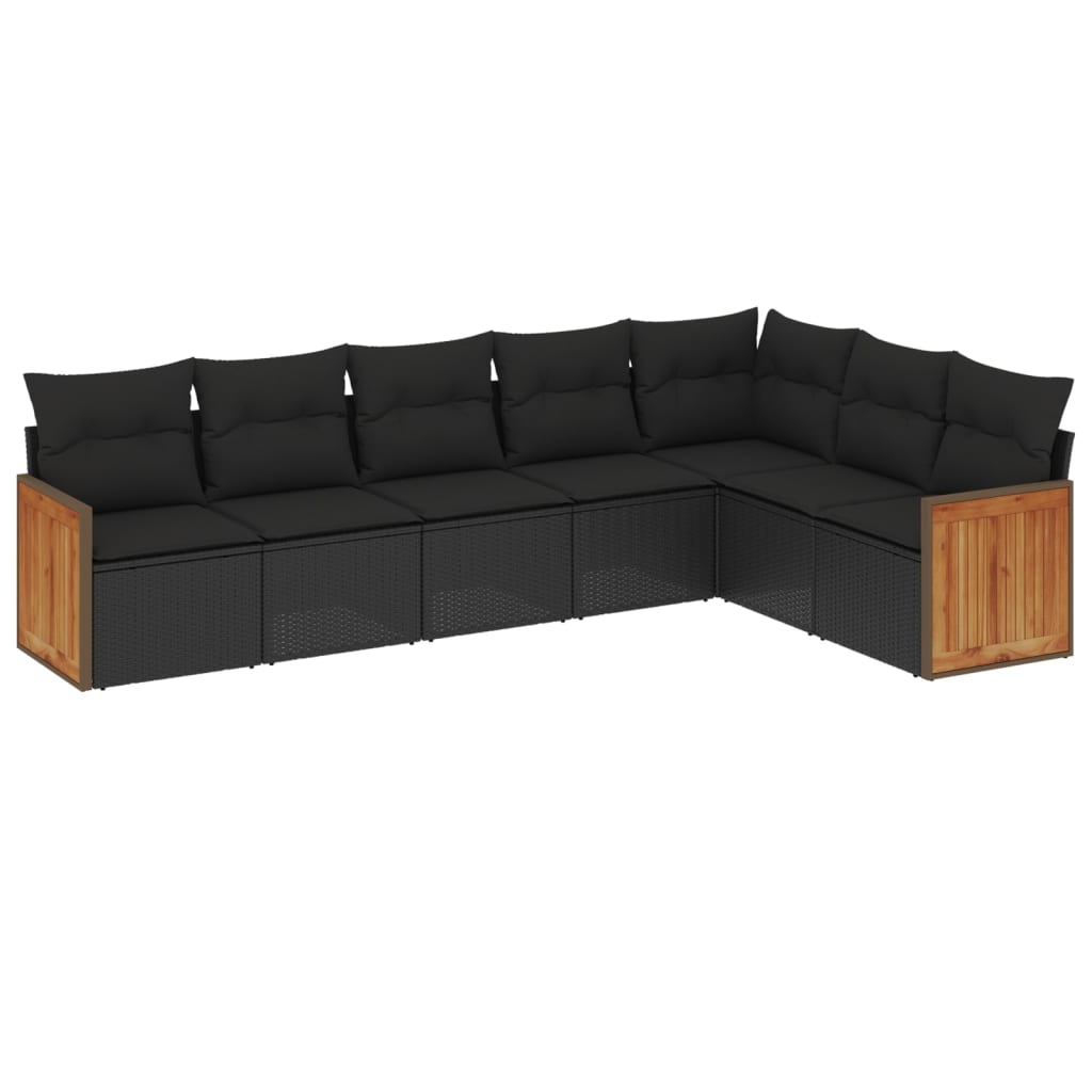 7-tlg. Garten-Sofagarnitur mit Kissen Schwarz Poly Rattan